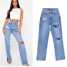 Jeans da donna Vintage Blu Nero Grigio Vita alta Donna Moda Streetwear Pantaloni larghi strappati a gamba larga in denim femminile