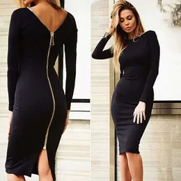 Fashion Black Long Sleeve Party Dresses Women Clothing Back Full Zipper Robe Sexy Femme Pencil Tight Dress 567