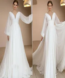 Semplici maniche a sbuffo sexy in chiffon Boho Abito da sposa Abiti da sposa Scollo a V Increspato Drappeggiato Sweep Train Abiti per occasioni speciali Personalizzato 3170868