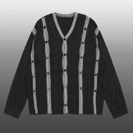 Suéteres para hombres 2024 Abrigo coreano Diseñador Otoño Moda Punto Cardigan Chaqueta Contraste Color Impresión Hombres Suéter
