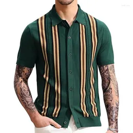 Men's Polos Men Knitwear Short Sleeve Polo Shirt Casual Slim Fit Suit Collar Button Breathable Summer Top Stripe Green Contrast