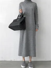 Wool Winter Womens Dress Fall Sweater Women Dress Långärmning stickade klänningar maxi vintage överdimensionerade klänningar som stickar Turtleneck 240124