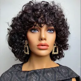 Mogolian Afro Rose Curly Funmi Wigs com Bang curto saltitante Bob Curly Wig com Bang Rose Curly Sem simulação de renda cheia peruca de cabelo humano para mulheres negras