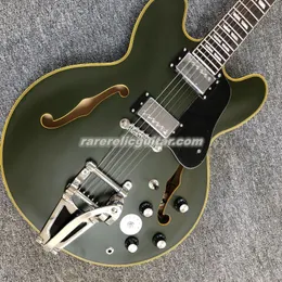 In Stock Matte Olive Drab Green Semi Hollow Body Jazz Electric Guitar Bigs Tremolo Tailpiece Tuilp Tuners Chrome Hardware Yellow Body Binding Double Slash Inlay