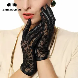 Guanti in pelle autunno donna guanti in pelle di pecora sottili antiscivolo guanti in pelle con protezione solare in pizzo - L023N 240125