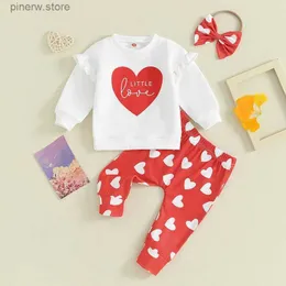 Set di abbigliamento Carino volant manica lunga neonate vestiti abiti lettera cuore stampa felpa pantaloni sportivi fascia per bambini vestiti di San Valentino