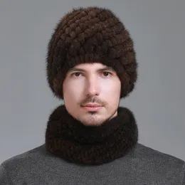 Один комплект, мужская шапка из натурального меха норки + шарф, вязаная шапка, эластичная зимняя теплая шапка с воротником, лыжная уличная шапка