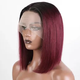 Kurze Bob-Perücke für Damen, 99j, Rot, Ombre, bunte Spitze-Front-Perücke mit Pony, 13 x 6 x 1, gerade, HD-Spitze, brasilianische Haarperücke, 230125