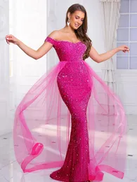 Romagic Schulterfreies rosa Abend-Partykleid mit Schleppe, modisches Damen-Hochzeitskleid mit rückenfreiem Funkeln und Pailletten aus Samt für den Herbst 240124