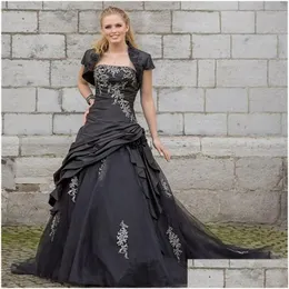 Abiti da sposa a-line Abito vintage gotico nero con giacca corta Applicazioni in pizzo avorio con volant Abiti da sposa lunghi con strascico di corte Dh2Xj