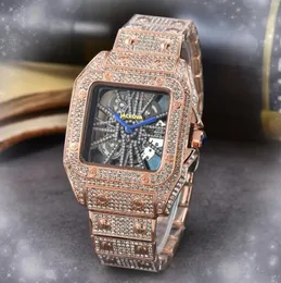 Hip Hop Iced Out Men Skey Starry Hollow Skeleton Dial Relógio Quadrado Diamantes Anel Quartz Mens Relógios de Pulso Calendário Dourado Relógio de Aço Corrente Pulseira Presentes