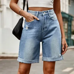 Kvinnors jeans 2024 Europeiska och amerikanska slitage genombrott Krullade kant 5-punkts denim shorts avslappnade byxor trend