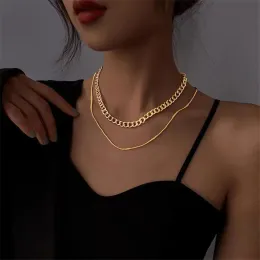European Vintage Multi Layered Chain 14k Yellow Gold Necklace For Women New Fashion Double Layer Chunky Choker Necklaces Jewelry