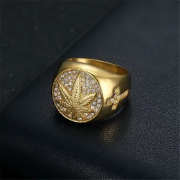 AFFY 14k Gold Plated Cannabis Leaf Men's Ring - Round Cut White Cubic Zirconia (1 Carat), Size 10