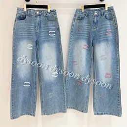 Women Jeans Embroidered Pink or White Pattern Denim Pants Blue With Dust Bag 25942
