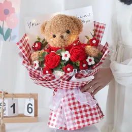 Cartoon Teddy Bear Plush Doll and Knitted Rose Creative Flower Bouquet Valentine's Day Christmas Graduation Gift 240124