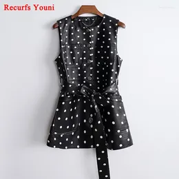 Casual Dresses Genuine Leather Mini Dress For Women French Round Neck Sleeveless Small Dots Slim Skirts Retro Floral Buttons Vestidos Cortos