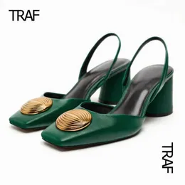 Sandálias TRAF Azul Mulheres Chunky Heels Casamento Slingback Metal Lantejoulas Bratz Salto alto Mulheres Bombas Elegante Luxo Preto Bloco Saltos J240125