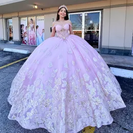 Rosa brilhante quinceanera vestidos 2024 cristal applique rendas princesa vestidos de 15 anos rendas vestido de baile doce 16 vestidos