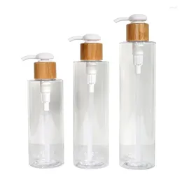 Garrafas de armazenamento vazias pet redondas, frasco de loção de plástico transparente borda 24mm bomba de prensa de madeira de bambu 200ml 250ml 300ml embalagem de shampoo 10 peças