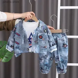 Conjuntos de roupas 3pcs bebê primavera crianças meninos terno 2024 estilo coreano impresso jaquetas jeans + camisetas + calças para 12 a 18 meses conjuntos de roupas de menino