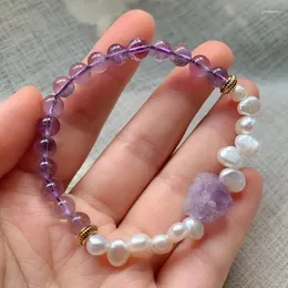 Pulseras de cristal púrpura de amatista Natural para mujer, pulsera de agua dulce con abalorio de perla en forma de gota de agua, flor de cuarzo de roca