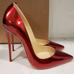 Moda feminina bombas de couro vermelho patente ponto dedo do pé cravejado picos sapatos de salto alto stiletto salto novo 12cm tamanho grande