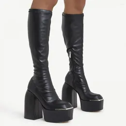Botas de couro preto joelho alto zíper lateral longo senhoras sapatos metal cabeça quadrada botas mujer saltos grossos sapatos femininos