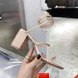 2024 Cleo Cristalli Impreziositi sandali con tacco grosso 75mm Strass bianco Scarpe da sera Avvolgenti Scarpe eleganti da donna con tacco alto Designer di lusso Scarpe di fabbrica