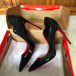 Sandały tikicup eleganckie modne curl cięte kobiety spiczasty palce 12 cm buty na obcasie seksowne błyszczące czarne v cut imper