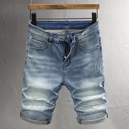 Jeans da uomo Moda estiva Uomo retrò azzurro tinta unita lavato elastico corto strappato jeans vintage firmati in rilievo