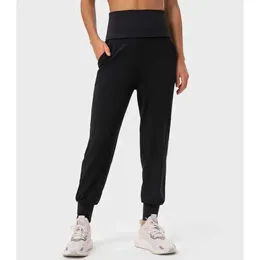Lu-365 calças de yoga femininas listradas costela cintura resistente a rugas quente barriga pilha leggings bolsos laterais solto nu esportes tig 88