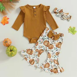 Set di abbigliamento 3 pezzi Pantaloni svasati con stampa floreale Neonate Abiti autunnali Manica lunga Pagliaccetto a coste Zucca Pantaloni a zampa d'elefante Fascia per capelli Set per bambini