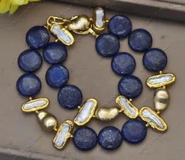 Pendant Necklaces Z13108 22" Coin Blue Lapis Lazuli White Biwa Gold-Plated Pearl Calabash Necklace