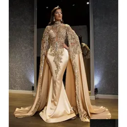 Abendkleider Luxus Arabisch Dubai Gold Meerjungfrau Perlen Spitze Applikationen Illusion Stehkragen Cape-Ärmel Elegant Lang Celebrity Formal Dhzpk