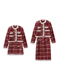 Skirts Autumn Winter Retro Small Fragrance Style Plaid Button Woolen Jacket Women's Short/Long Slimming Temperament Skirt Two-piece Set