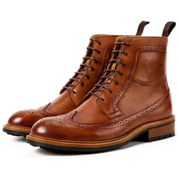 Handgemaakte herenlaarzen Winter Brogue Schoenen Echt leer Comfortabele enkel Platte kwaliteit Bruine veterschoenen Mannelijke Botas