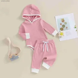 Conjuntos de ropa 2 piezas nueva ropa de bebé trajes de algodón suave acanalado para recién nacidos Color de contraste manga larga con capucha mameluco pantalones conjunto de otoño para niñas y niños