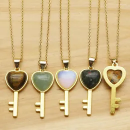 Pendant Necklaces Natural Stone Heart Crystal Agate Golden Key Stainless Steel Chain Necklace Reiki Charm DIY Jewelry Accessories Gift 1PC