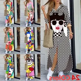 Retail Spring Autumn Women Maix Dresses Printed Long Sleeved Casual Dress Button Pocket Long Skirt 24 Colors 212