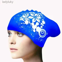 Yüzme kapakları moda silikon yüzme kapağı su geçirmez uzun saçlar kadın kadın çiçek baskılı yüzme havuzu banyo kapakları şapka kulakları koruma sizel240125