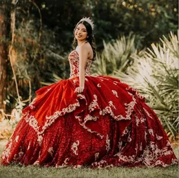 2024 бордовые платья Quinceanera с блестками и кружевной аппликацией, милые милые 15 пышных платьев, большие размеры, Vestidos de XV anos