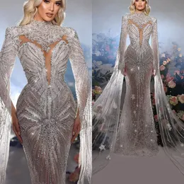 Luxo sereia vestidos de casamento gola alta vestidos de noiva cristal frisado ver através de manga longa frisado vestidos de noiva feitos sob encomenda