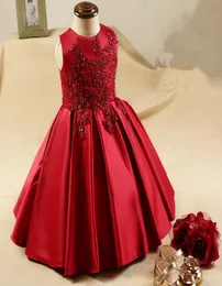 Прекрасные красные кружевные атласные платья с цветочным узором для девочек без рукавов, кружевное бальное платье в пол, платья для маленьких девочек на свадьбу, вечеринку, выпускной7491933