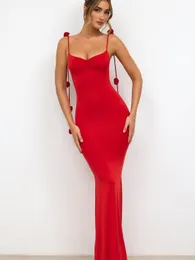 Vestidos casuais moda rosa tassle mulheres vermelho maxi sling vestido elegante u-pescoço sem mangas bandage bodycon vestidos senhora chique festa de natal robe