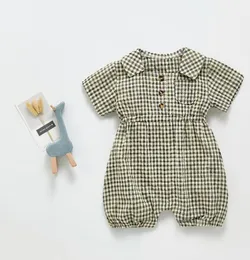 Artırıcılar Vintage Gingham Erkek ve Kız Romper Yaz Kısa Kollu Bebek Bebek Tulum Kıyafetleri Nefes Alabilir Keten Pamuk Türklü Out3588844