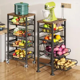 Cesta de frutas SAYZH de armazenamento de cozinha para fio grande removível de 5 camadas com parte superior de madeira e carrinho de rodas vegetais