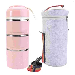 Servis 2 st/set bärbart rostfritt stål 3-lagers isolering bärare lunchbehållare med väska (rosa)