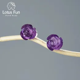 Charm Lotus Fun Romantic Natural Quartz Amethyst Rose Flower Stud Earrings 여성을위한 Sterling Sier Fine Jewelry Earrings