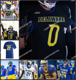 Joe Flacco JoJo Bermudez Delaware Maglia da calcio cucita su misura Kyron Cumby AKhoury Lyde Joshua Youngblood Keyshawn Hunter Delaware Fightin Blue Hens Maglie